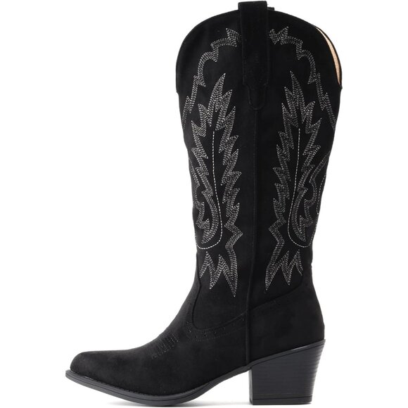 Women Black Chunky Heel Pointed Toe Cowgirl Mid Calf Embroidery Western Boots - Picture 5 of 6